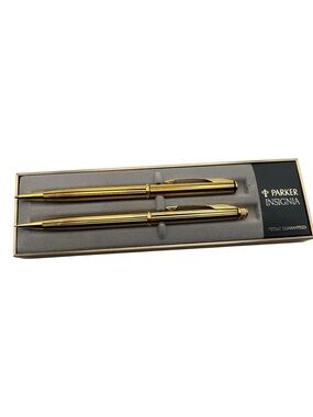 Parker Insignia Gold Tone Pen & Pencil Set Black Pinstripe Boxed USA